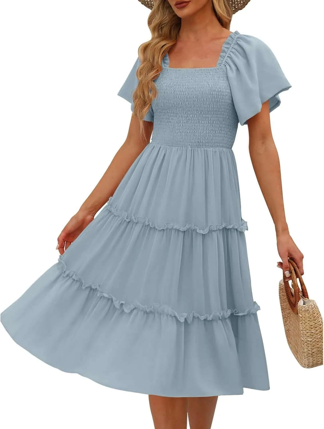 Women's Graduation Summer Smocked Flutter Sleeve Square Neck Modest Tiered Midi Dress