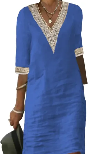 Womens Half Sleeve Cotton Linen Midi Dress Summer Plus Size Lace V Neck Knee Length Shift Beach Dresses
