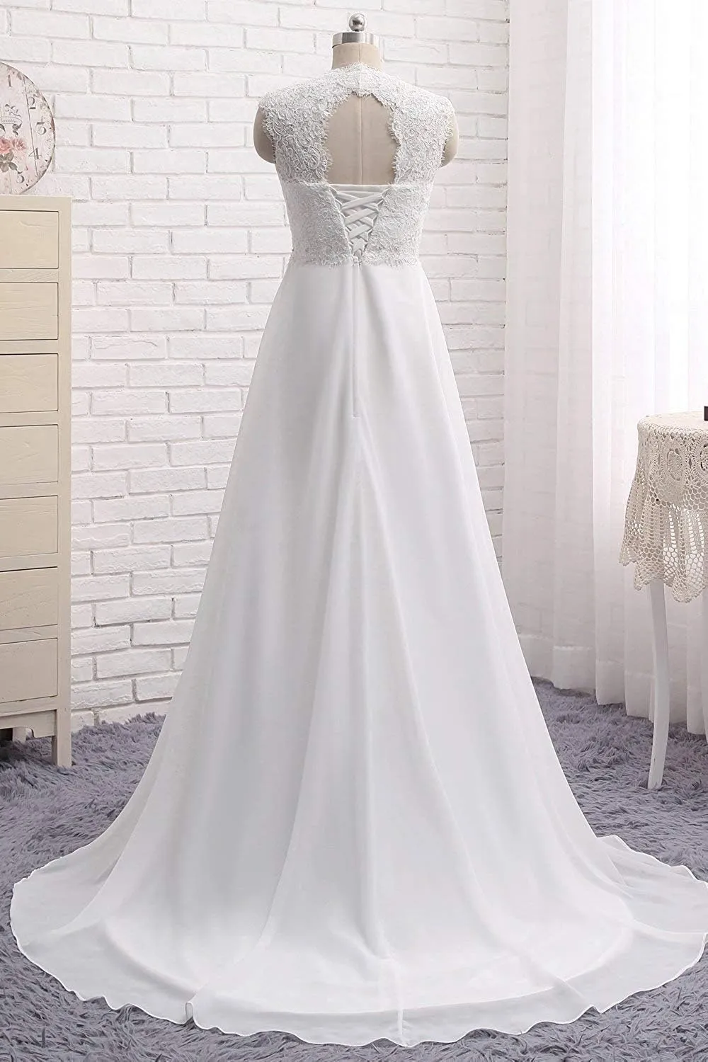 Women's Keyhole Back Lace Chiffon Formal Evening Dress Prom Wedding Gown