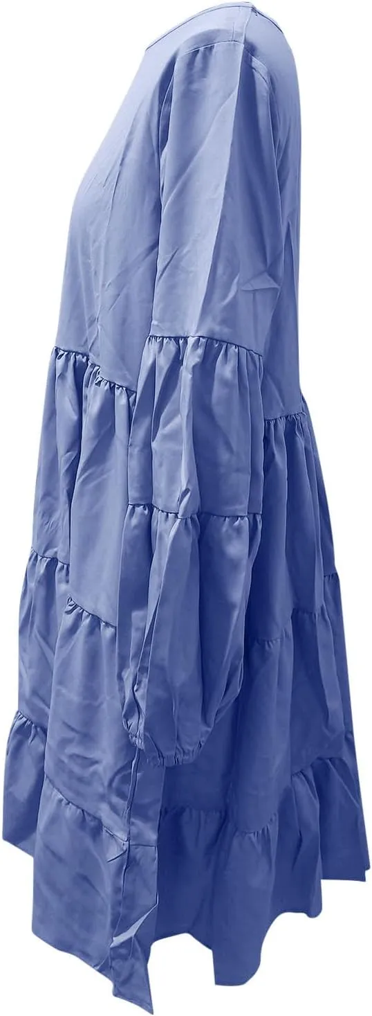 Women's Lantern Long Sleeve Ruffle Round Neck Tiered Mini Babydoll Dress Casual Loose Flowy Swing Tunic Dresses 2024