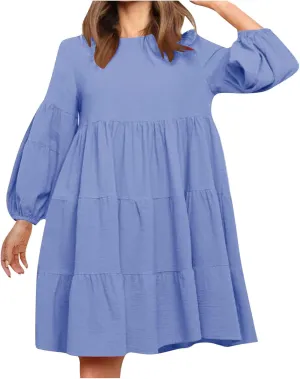 Women's Lantern Long Sleeve Ruffle Round Neck Tiered Mini Babydoll Dress Casual Loose Flowy Swing Tunic Dresses 2024