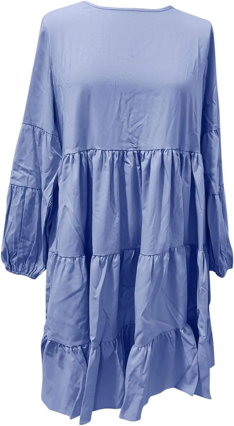 Women's Lantern Long Sleeve Ruffle Round Neck Tiered Mini Babydoll Dress Casual Loose Flowy Swing Tunic Dresses 2024