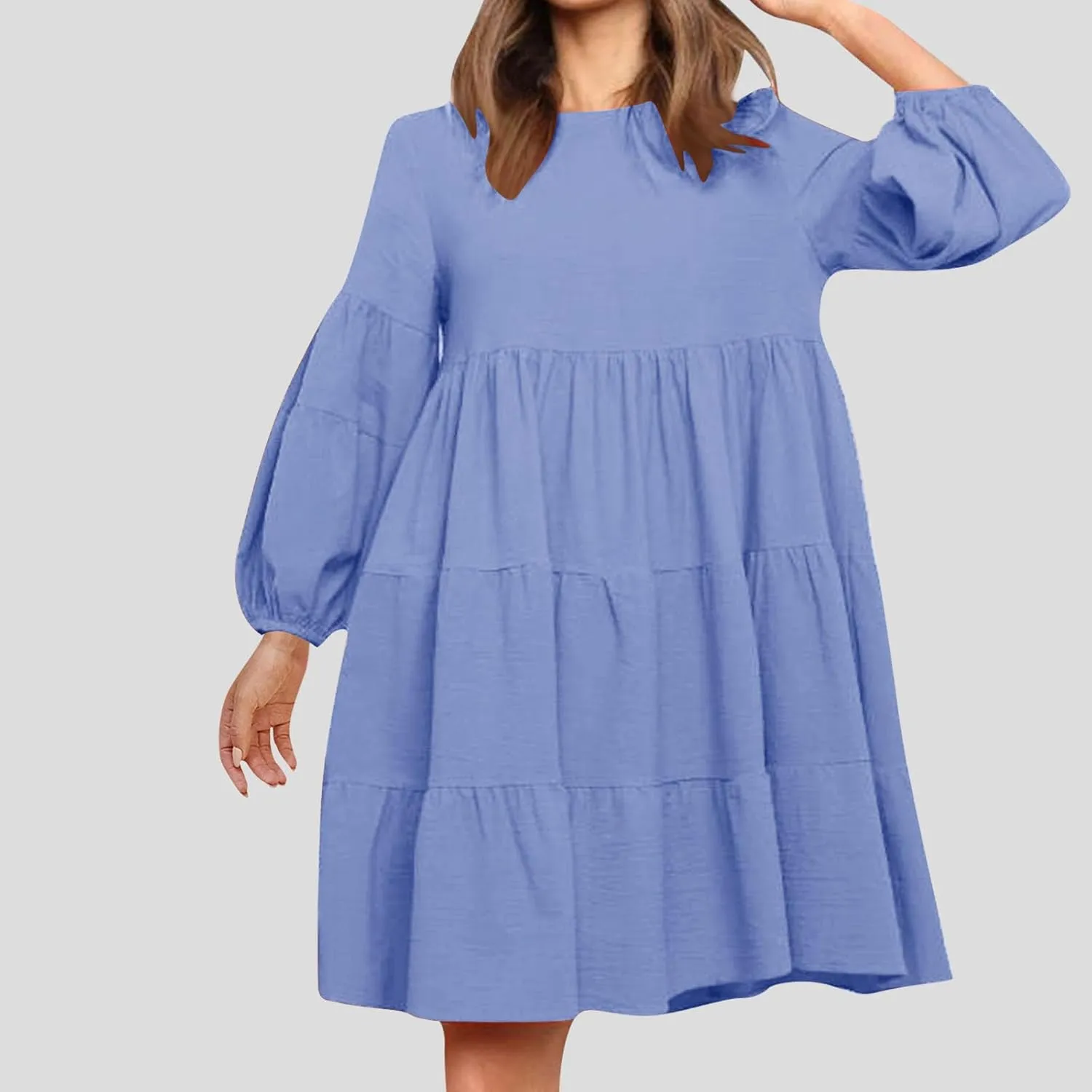 Women's Lantern Long Sleeve Ruffle Round Neck Tiered Mini Babydoll Dress Casual Loose Flowy Swing Tunic Dresses 2024