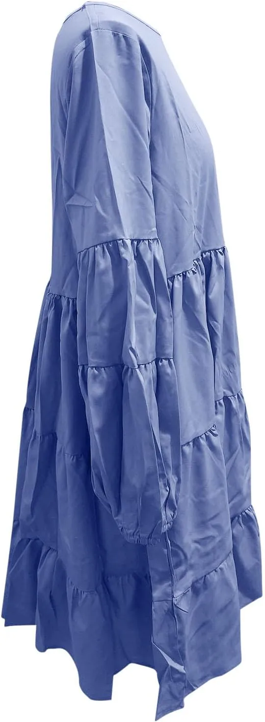 Women's Lantern Long Sleeve Ruffle Round Neck Tiered Mini Babydoll Dress Casual Loose Flowy Swing Tunic Dresses 2024