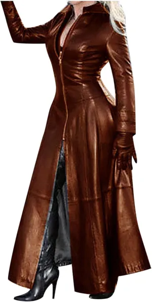 Womens Leather Long Sleeve Jacket Dress Lapel Full Zipper Faux Leather Long Jacket Coats Fashion Trench Coat Outwear