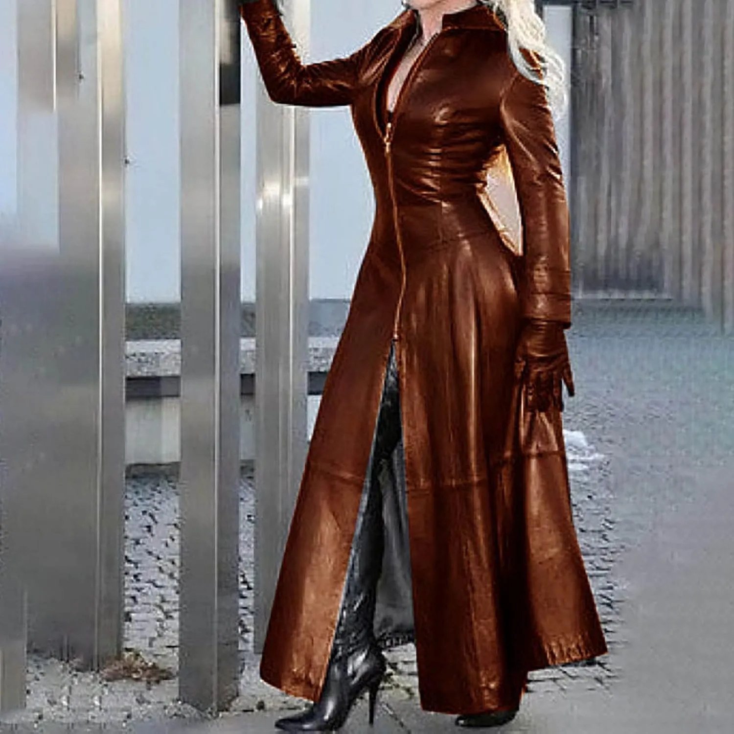 Womens Leather Long Sleeve Jacket Dress Lapel Full Zipper Faux Leather Long Jacket Coats Fashion Trench Coat Outwear