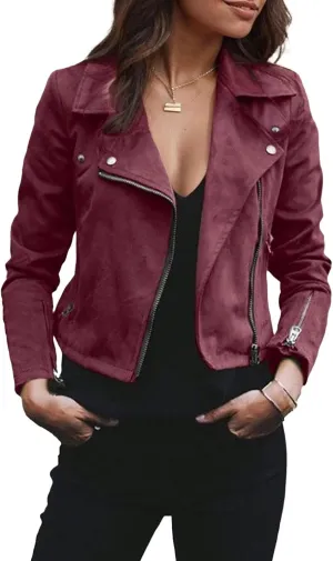 Women's Lightweight Suede Motorcycle Jacket Casual Asymmetrical Zip-up Cropped Faux Leather Fitted Coats Outerwear