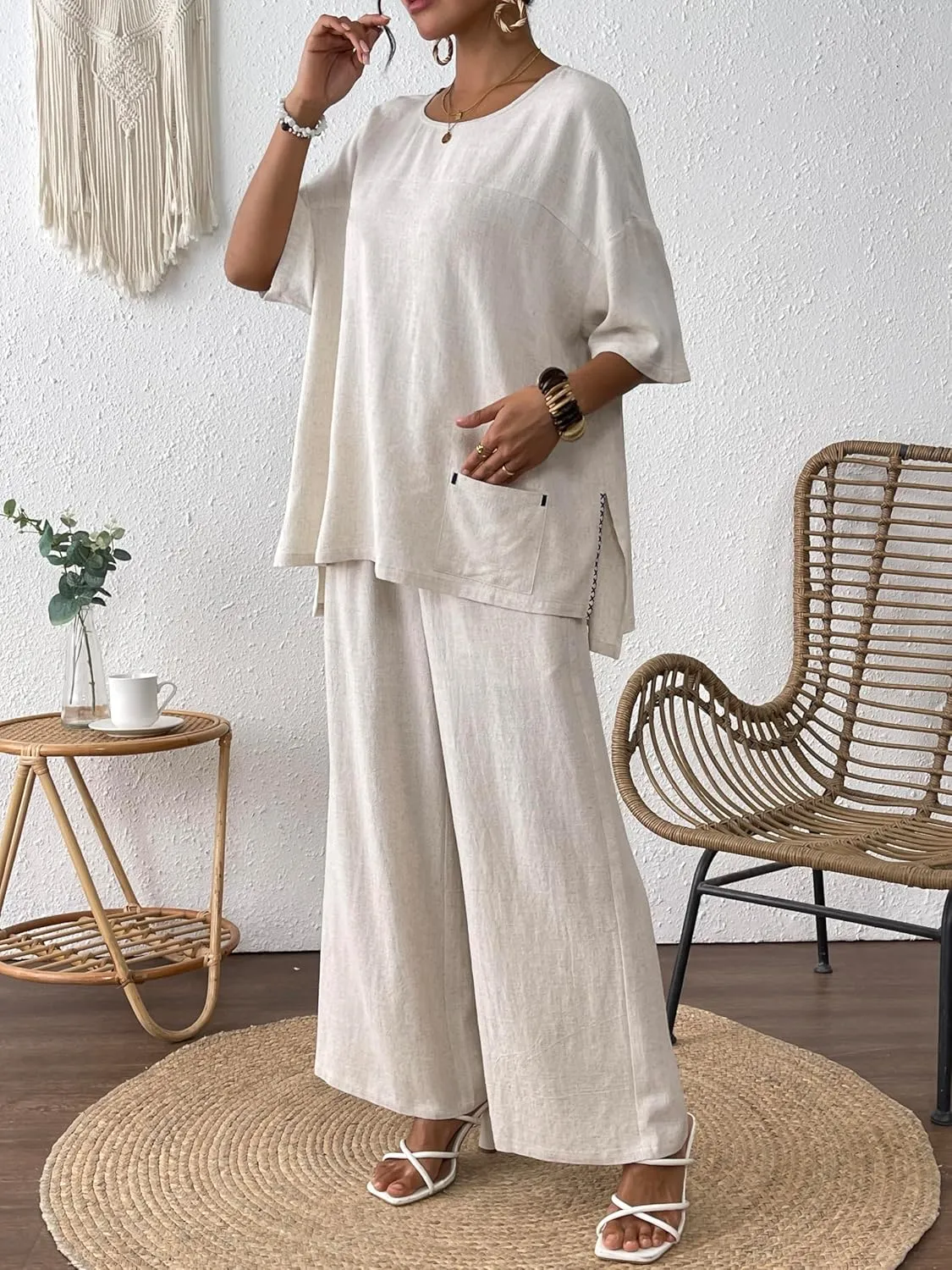 Women's Linen 2 Piece Outfits Short Sleeve Top Wide Leg Trouser Pants Suits Summer Casual Dressy Linen Sets