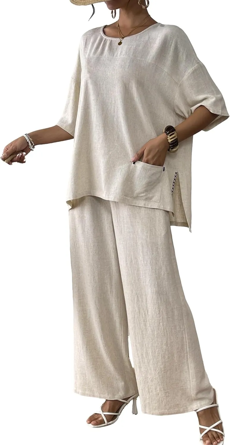 Women's Linen 2 Piece Outfits Short Sleeve Top Wide Leg Trouser Pants Suits Summer Casual Dressy Linen Sets