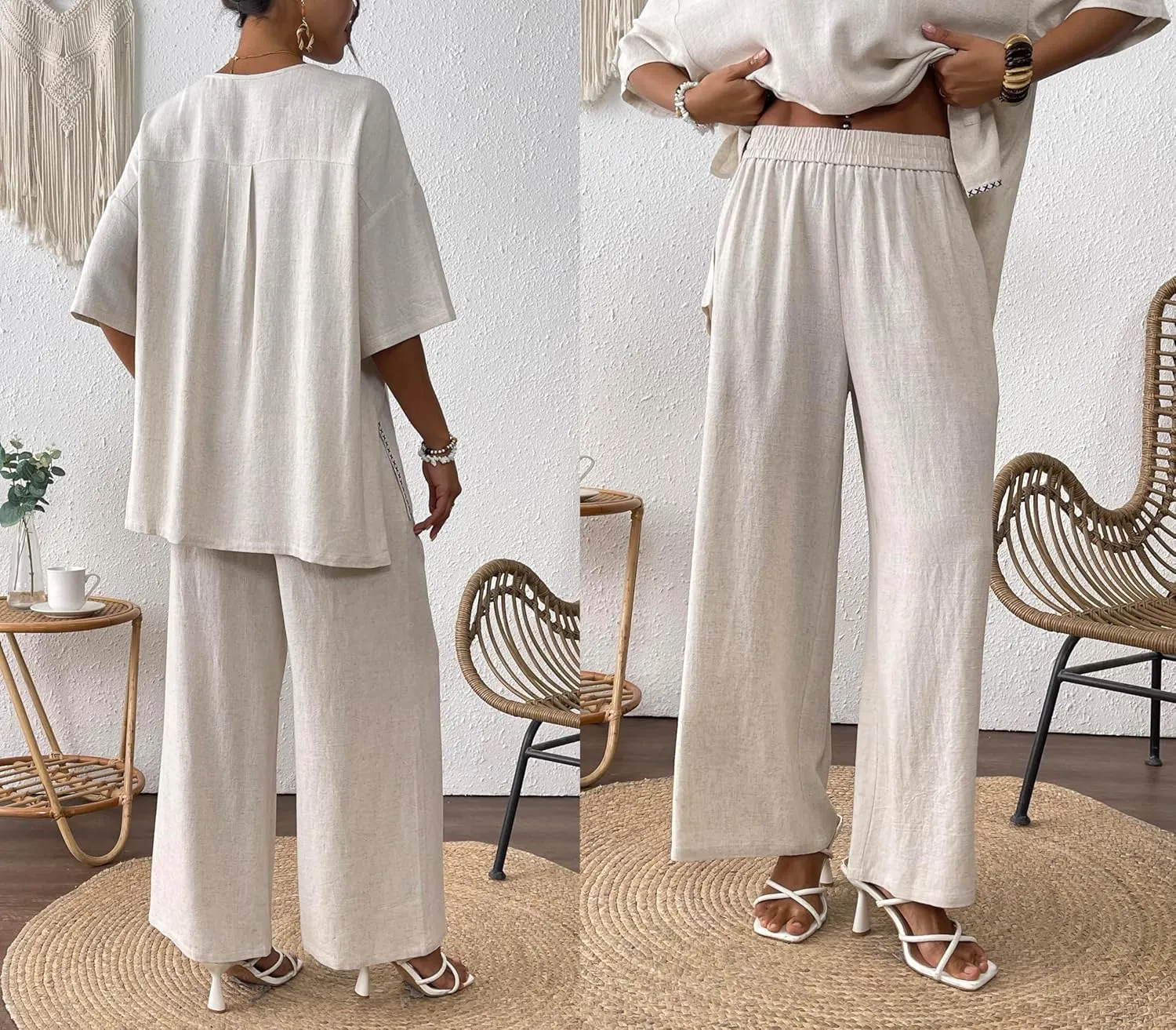 Women's Linen 2 Piece Outfits Short Sleeve Top Wide Leg Trouser Pants Suits Summer Casual Dressy Linen Sets