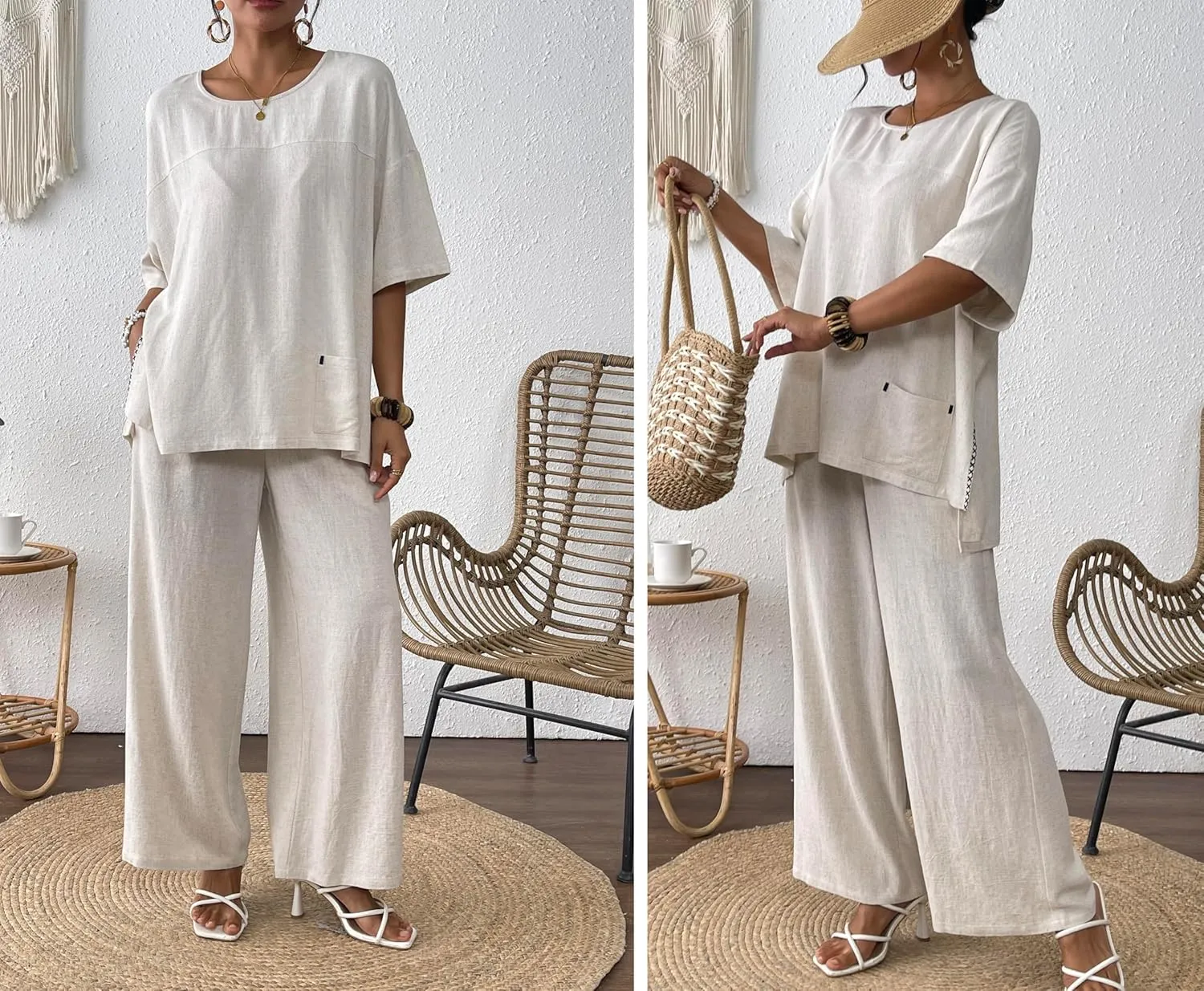 Women's Linen 2 Piece Outfits Short Sleeve Top Wide Leg Trouser Pants Suits Summer Casual Dressy Linen Sets
