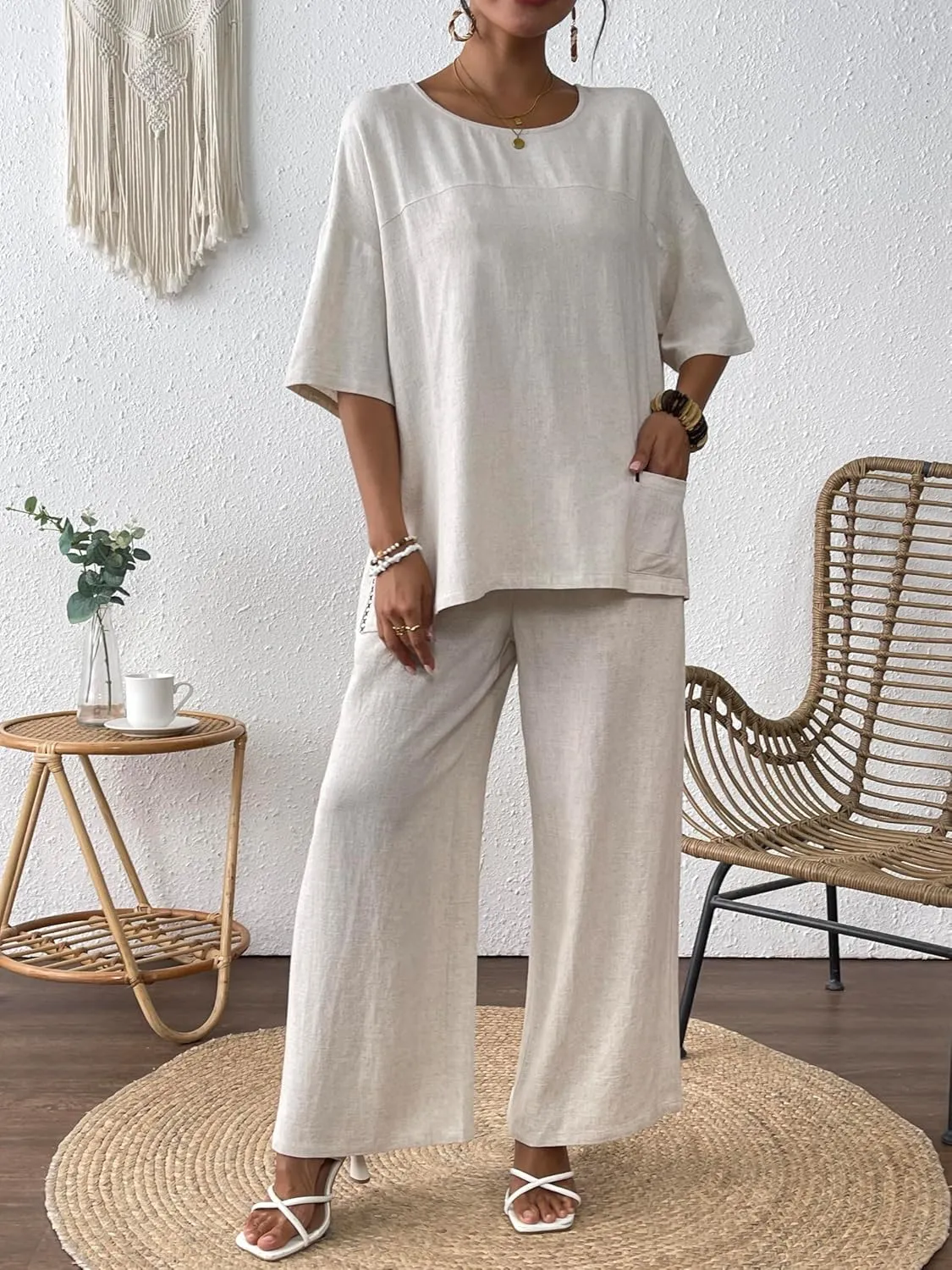 Women's Linen 2 Piece Outfits Short Sleeve Top Wide Leg Trouser Pants Suits Summer Casual Dressy Linen Sets