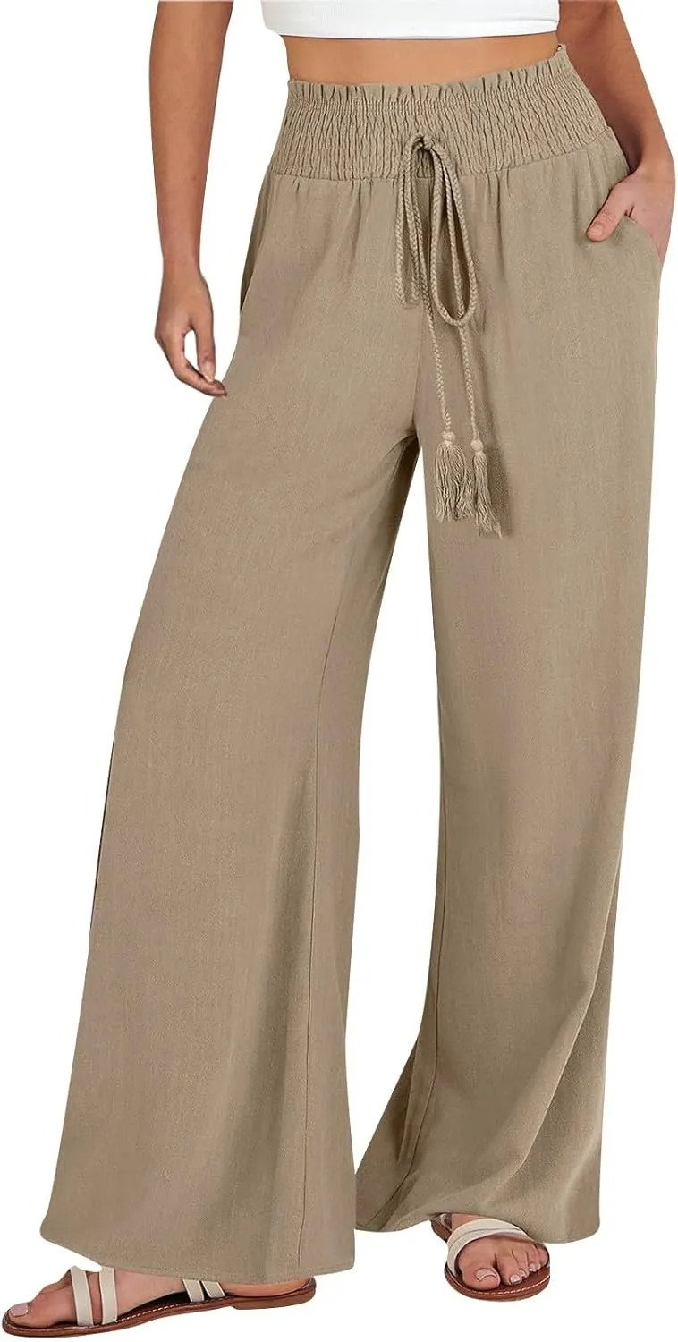 Women's Linen Blend Summer Tie Knot Pants Elastic Waist Baggy Stretchy Loose Fit Palazzo Pants Vacation