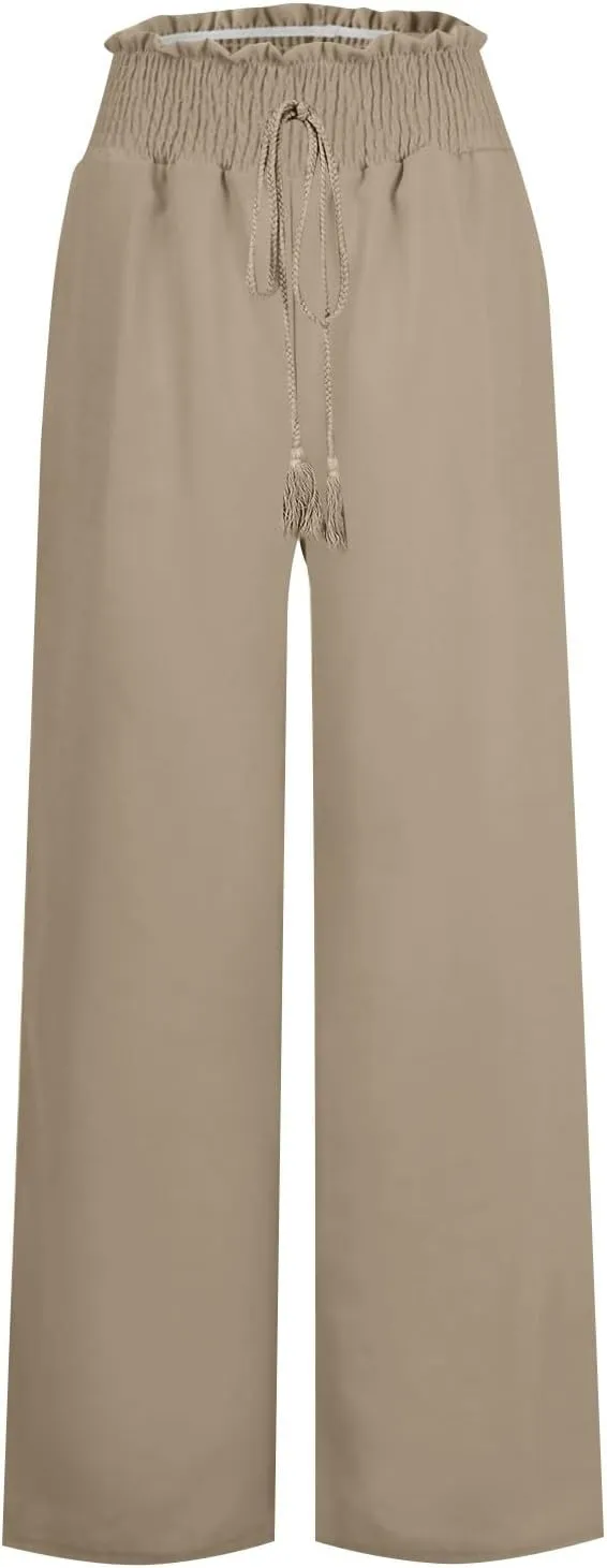 Women's Linen Blend Summer Tie Knot Pants Elastic Waist Baggy Stretchy Loose Fit Palazzo Pants Vacation