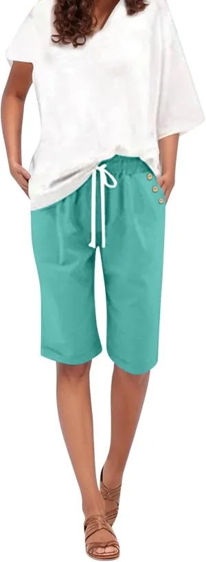 Womens Linen Capris with Pockets Loose Fit Casual Capri Pants Dressy Lightweight Ladies Baggy Cargo Beach Shorts