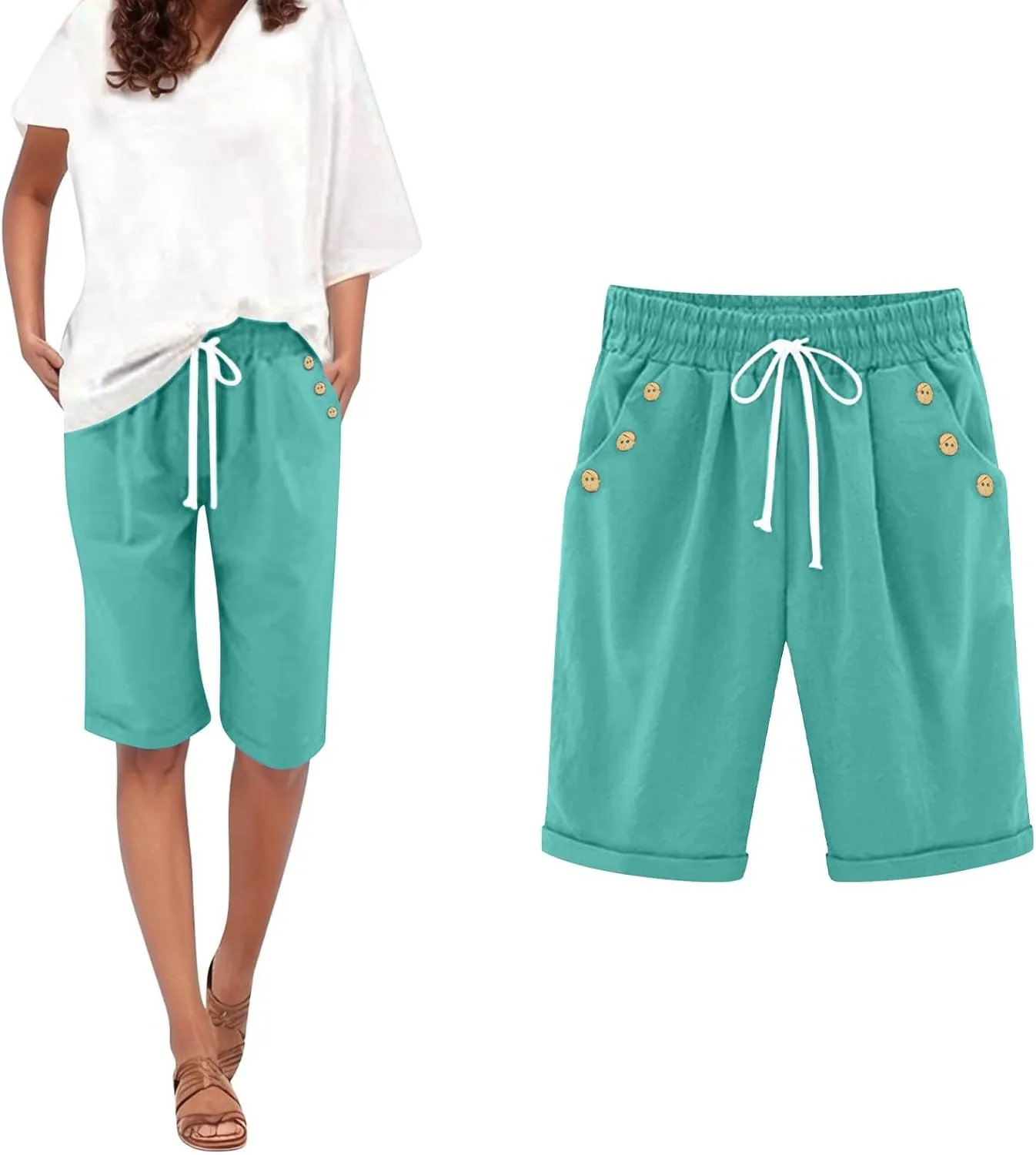Womens Linen Capris with Pockets Loose Fit Casual Capri Pants Dressy Lightweight Ladies Baggy Cargo Beach Shorts