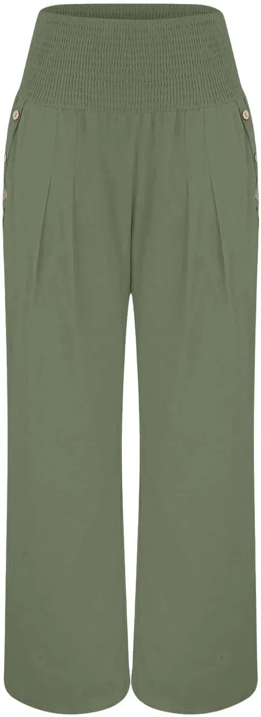 Womens Linen Pants 2025 Summer Smocked High Waisted Wide Leg Casual Palazzo Pants Flowy Beach Trousers with Pockets