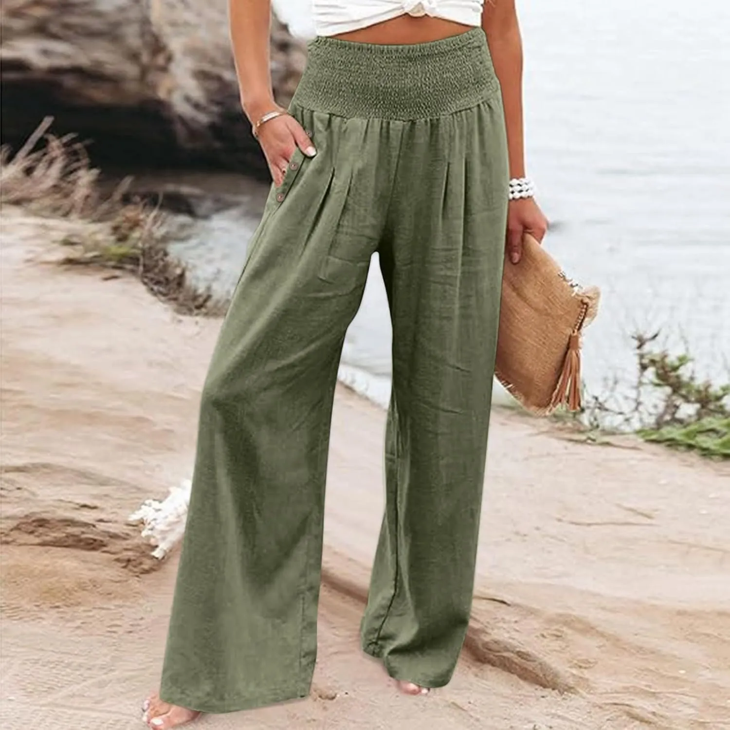 Womens Linen Pants 2025 Summer Smocked High Waisted Wide Leg Casual Palazzo Pants Flowy Beach Trousers with Pockets