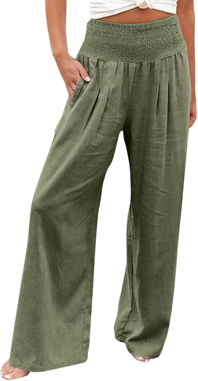 Womens Linen Pants 2025 Summer Smocked High Waisted Wide Leg Casual Palazzo Pants Flowy Beach Trousers with Pockets