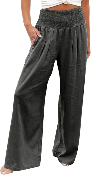 Womens Linen Pants 2025 Summer Smocked High Waisted Wide Leg Casual Palazzo Pants Flowy Beach Trousers with Pockets