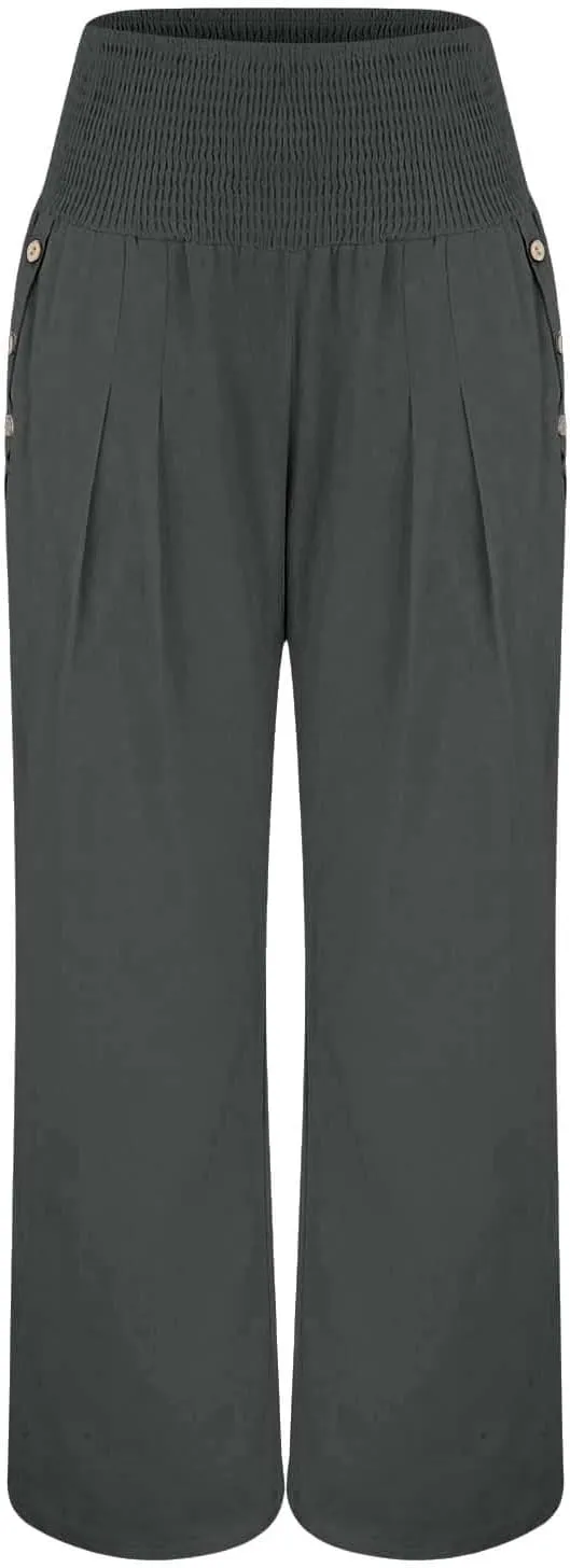 Womens Linen Pants 2025 Summer Smocked High Waisted Wide Leg Casual Palazzo Pants Flowy Beach Trousers with Pockets