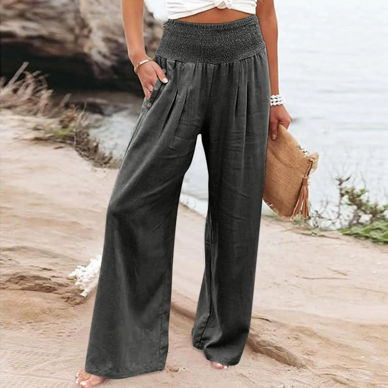 Womens Linen Pants 2025 Summer Smocked High Waisted Wide Leg Casual Palazzo Pants Flowy Beach Trousers with Pockets