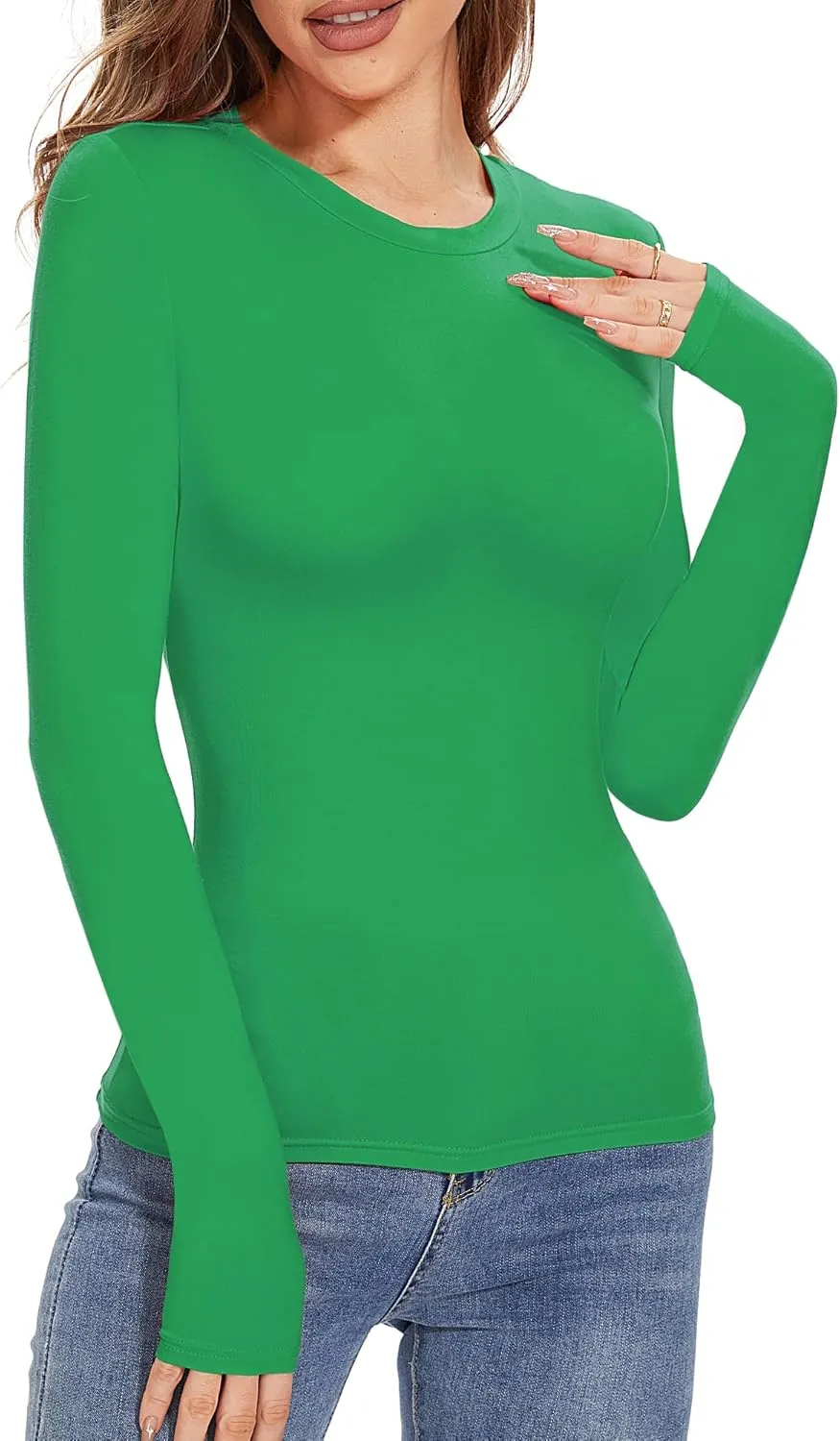 Womens Long Sleeve Crewneck Slim fit T Shirts Sexy Cute Dressy Casual Fall Basic Tops Tee Tshirt Blouse