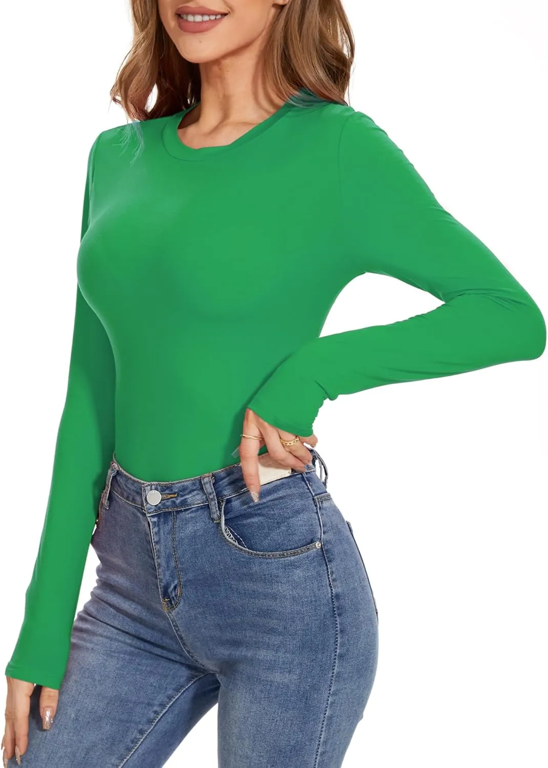 Womens Long Sleeve Crewneck Slim fit T Shirts Sexy Cute Dressy Casual Fall Basic Tops Tee Tshirt Blouse