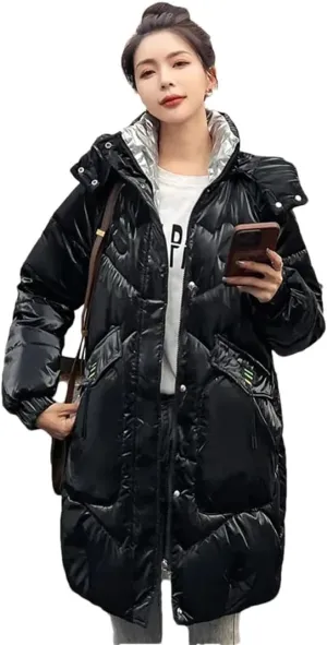 Womens Loose Padded Jacket Size Hooded Long Parkas Down Cotton Coat Bright Face Wash Free Jacket
