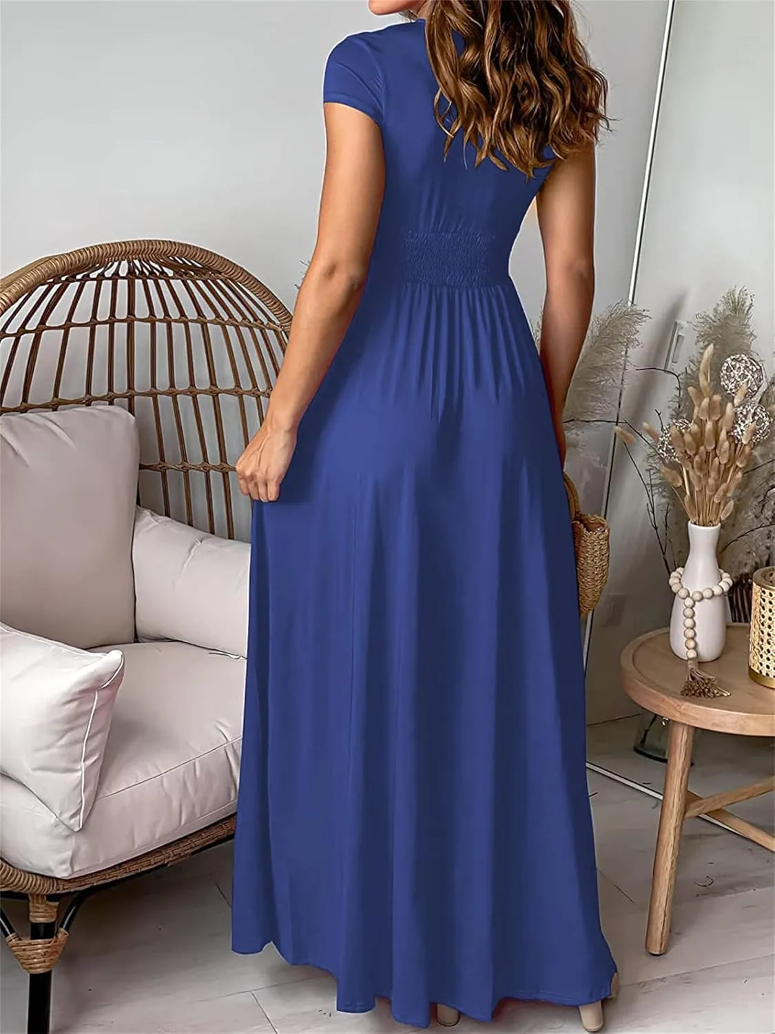Women's Maxi Dress Deep V-Neck Long Skirt Pleated High Waist Split Dresses Short Sleeve Club Party Evening Dress