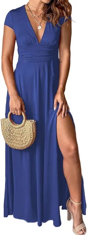 Women's Maxi Dress Deep V-Neck Long Skirt Pleated High Waist Split Dresses Short Sleeve Club Party Evening Dress