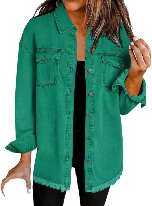 Womens Oversized Denim Jacket Lightweight Button Down Long Jean Jacket with Pockets Casual Distresse Jacket Coats
