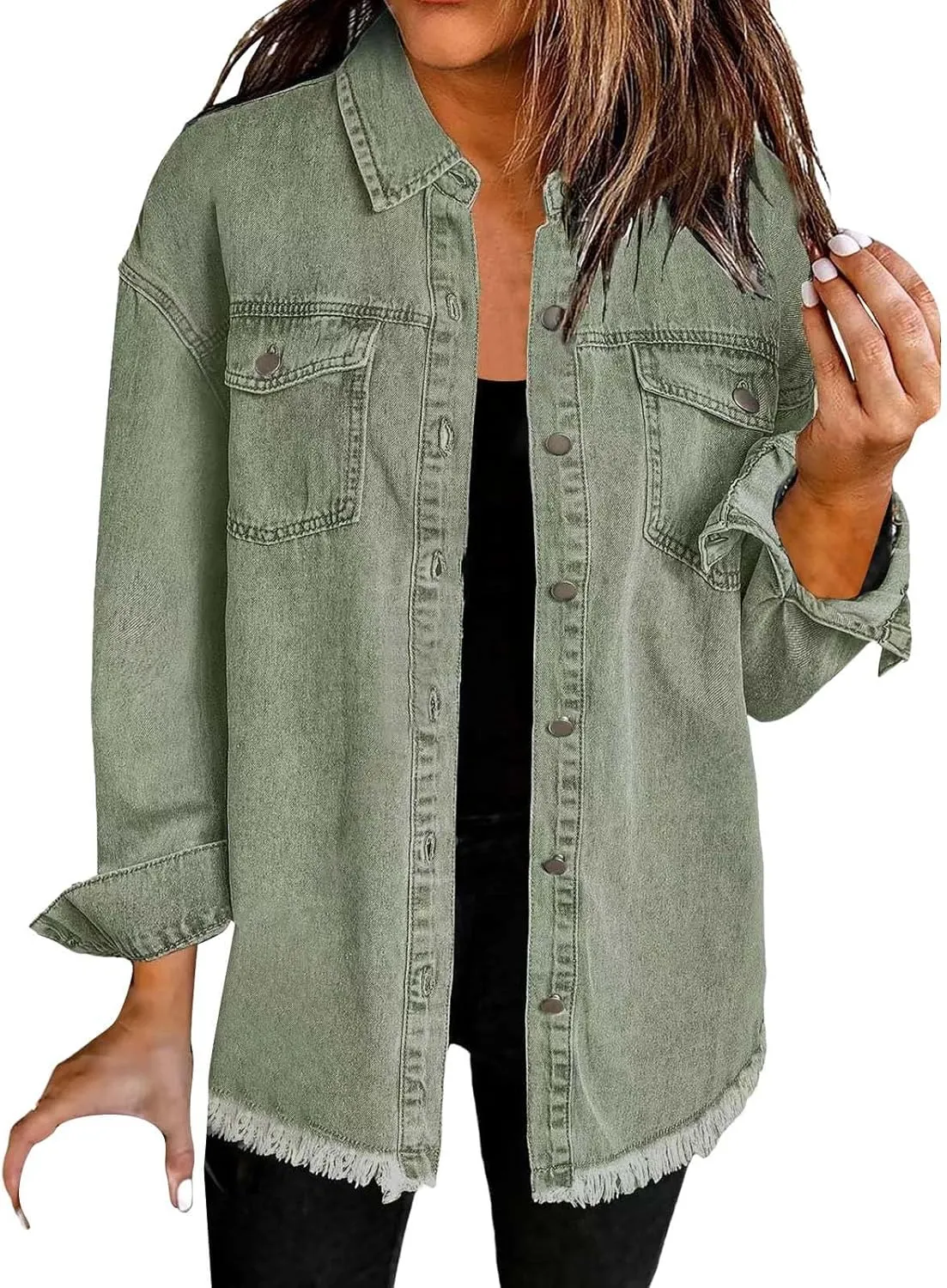 Womens Oversized Denim Jacket Lightweight Button Down Long Jean Jacket with Pockets Casual Distresse Jacket Coats