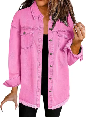 Womens Oversized Denim Jacket Lightweight Button Down Long Jean Jacket with Pockets Casual Distresse Jacket Coats