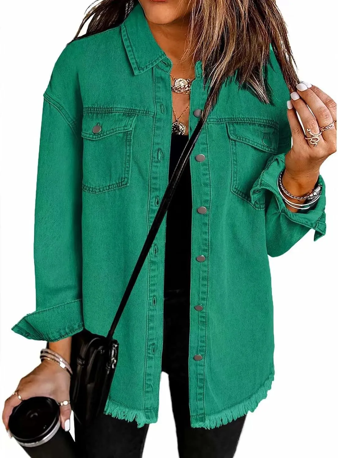Womens Oversized Denim Jacket Lightweight Button Down Long Jean Jacket with Pockets Casual Distresse Jacket Coats
