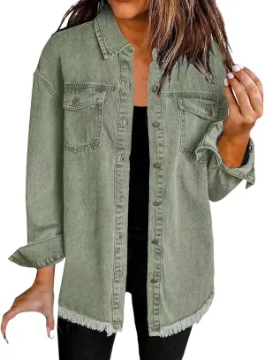Womens Oversized Denim Jacket Lightweight Button Down Long Jean Jacket with Pockets Casual Distresse Jacket Coats