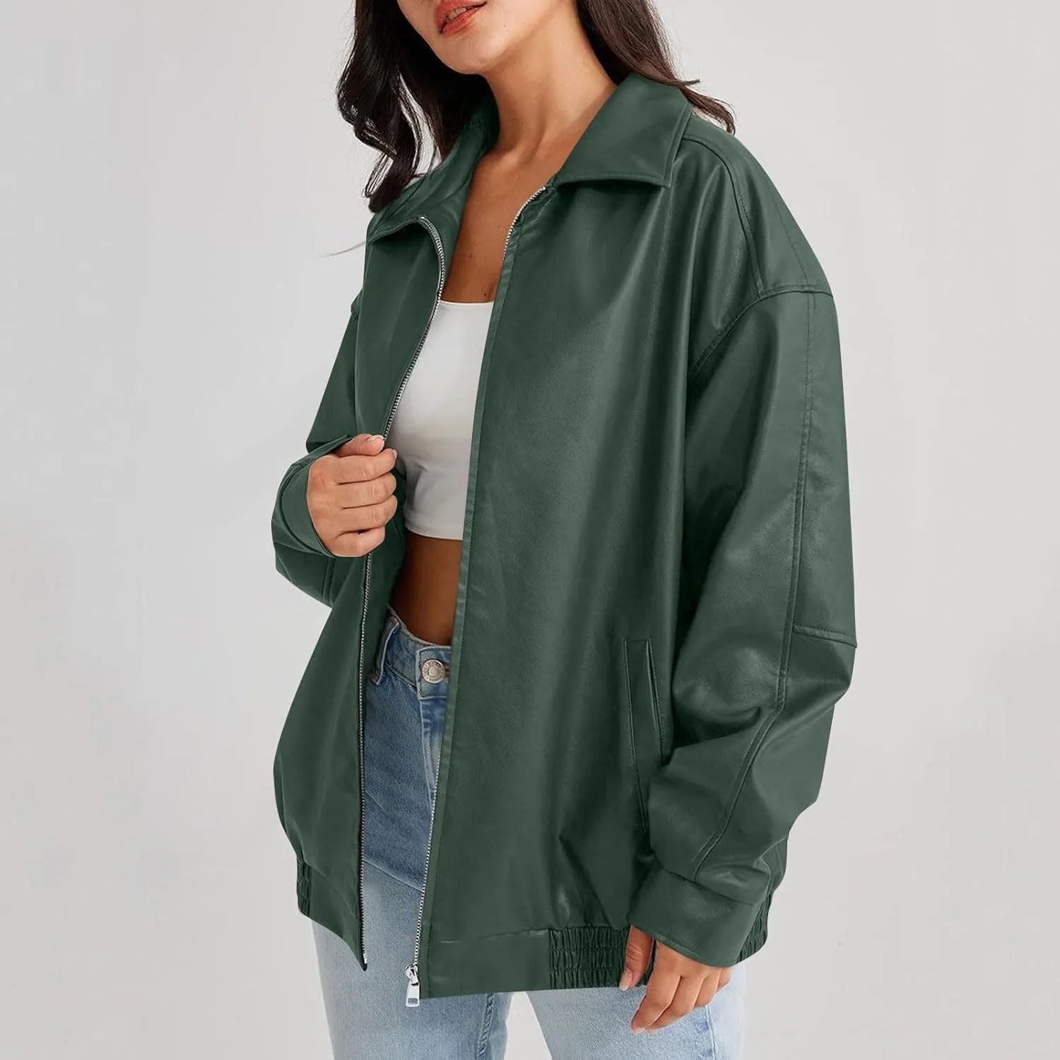 Womens Oversized Faux Leather Jacket Full Zip Up Long Sleeve Casual Motorcycle Outwear Faux Suede Bomber Jackets