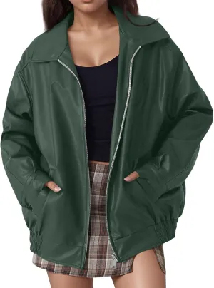 Womens Oversized Faux Leather Jacket Full Zip Up Long Sleeve Casual Motorcycle Outwear Faux Suede Bomber Jackets