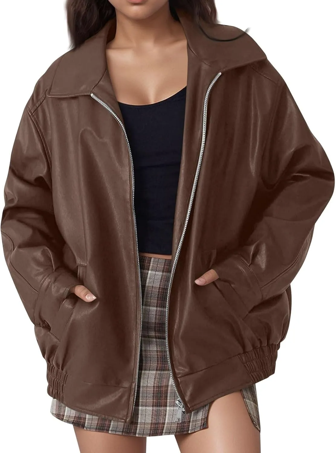 Womens Oversized Faux Leather Jacket Full Zip Up Long Sleeve Casual Motorcycle Outwear Faux Suede Bomber Jackets