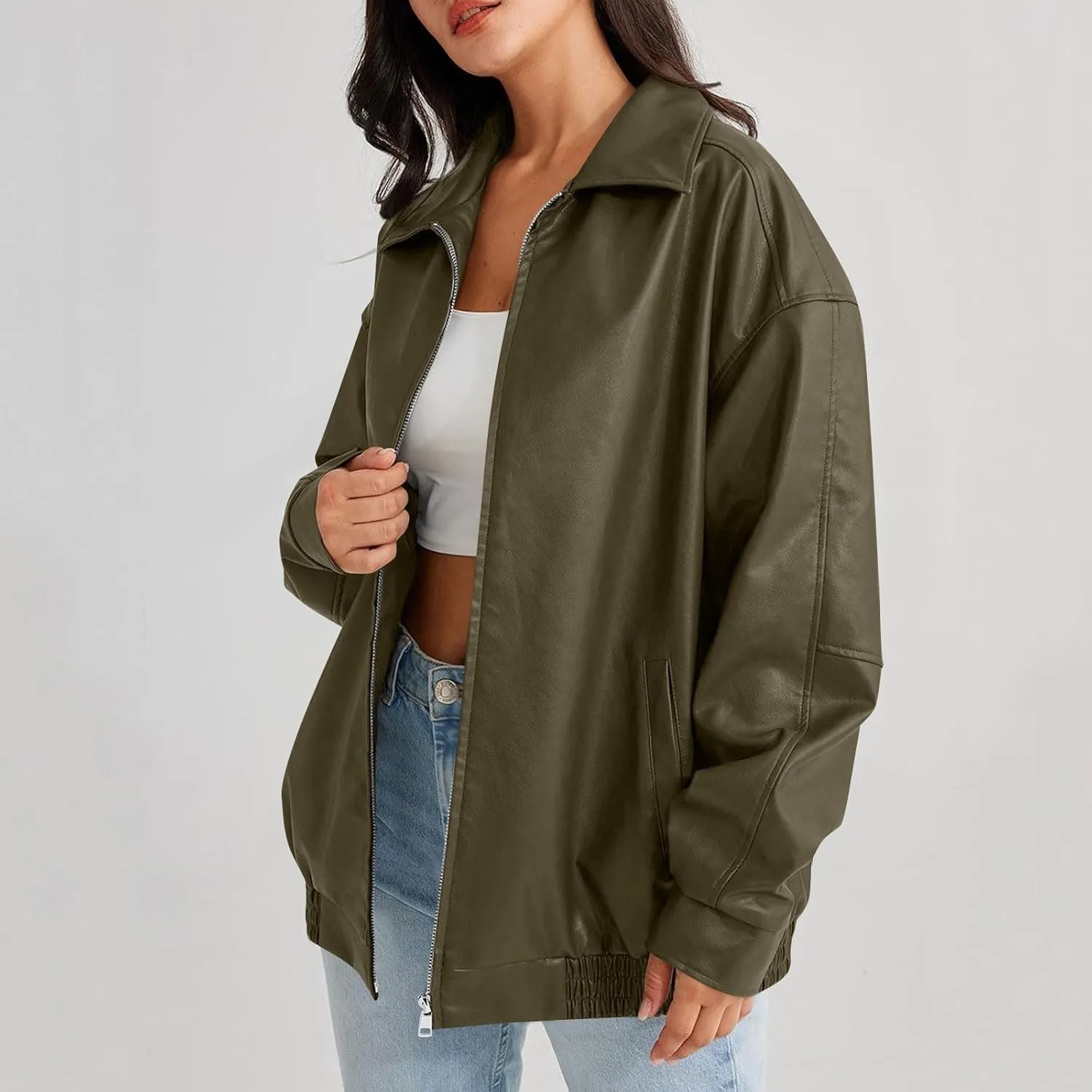 Womens Oversized Faux Leather Jacket Full Zip Up Long Sleeve Casual Motorcycle Outwear Faux Suede Bomber Jackets