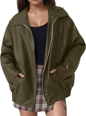Womens Oversized Faux Leather Jacket Full Zip Up Long Sleeve Casual Motorcycle Outwear Faux Suede Bomber Jackets