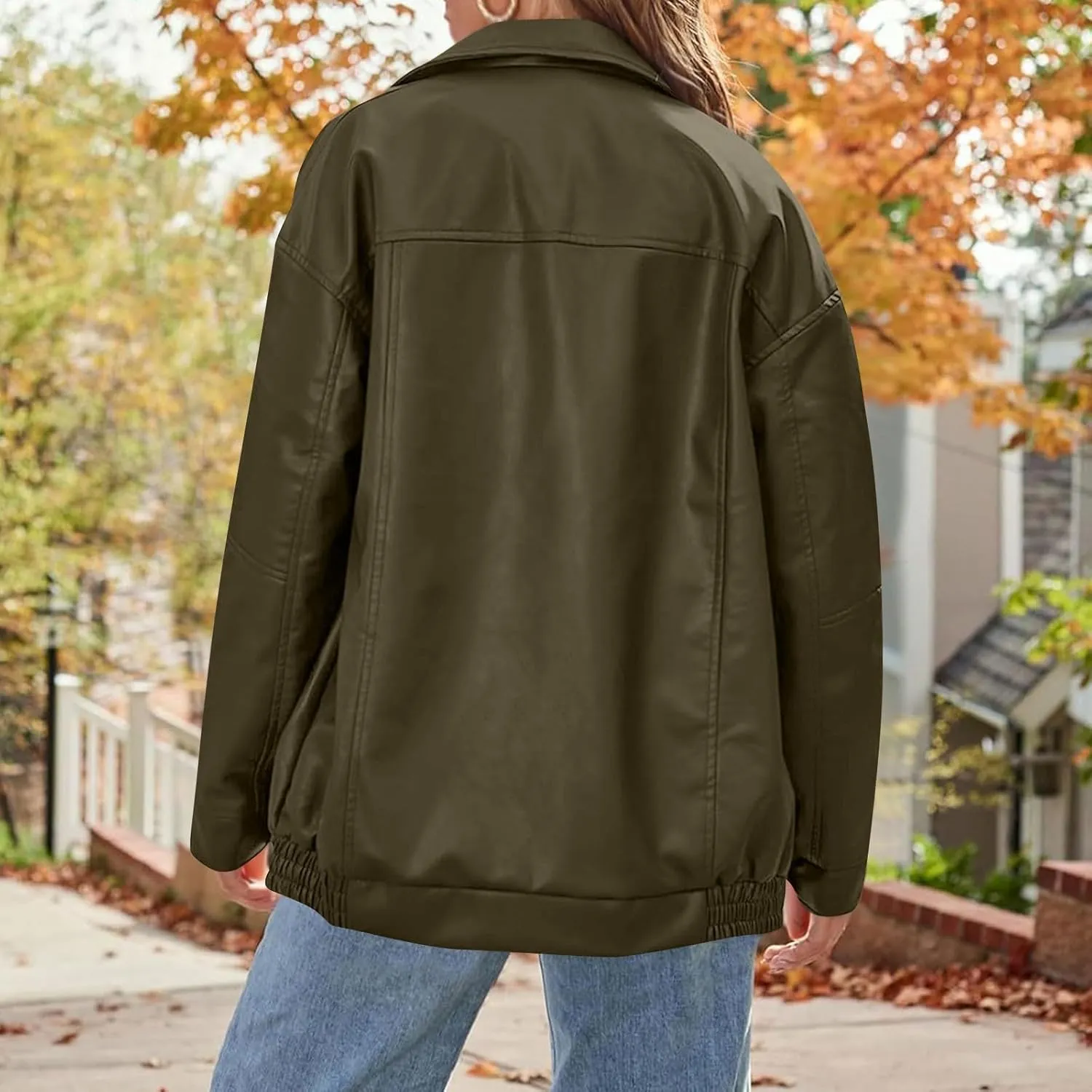 Womens Oversized Faux Leather Jacket Full Zip Up Long Sleeve Casual Motorcycle Outwear Faux Suede Bomber Jackets