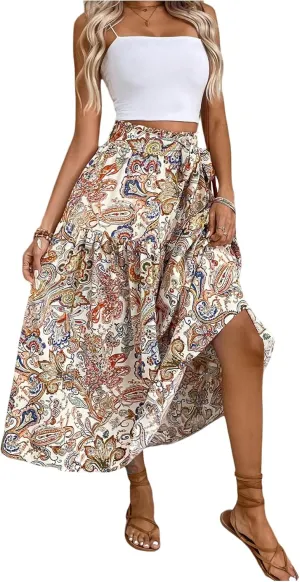 Women's Paisley Maxi Skirt Boho High Waist A Line Belted Flowy Swing Long Skirt