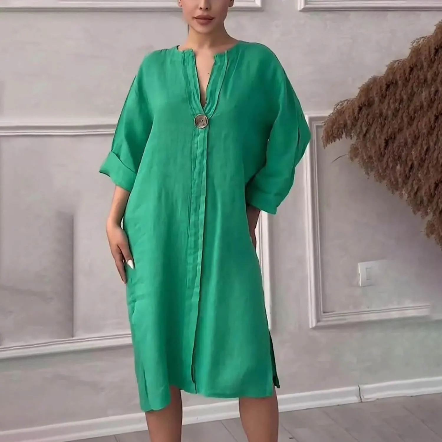 Womens Plus Size Linen Midi Dresses Summer Spring Long Sleeve Casual Button Elegant Formal Knee Length Dress