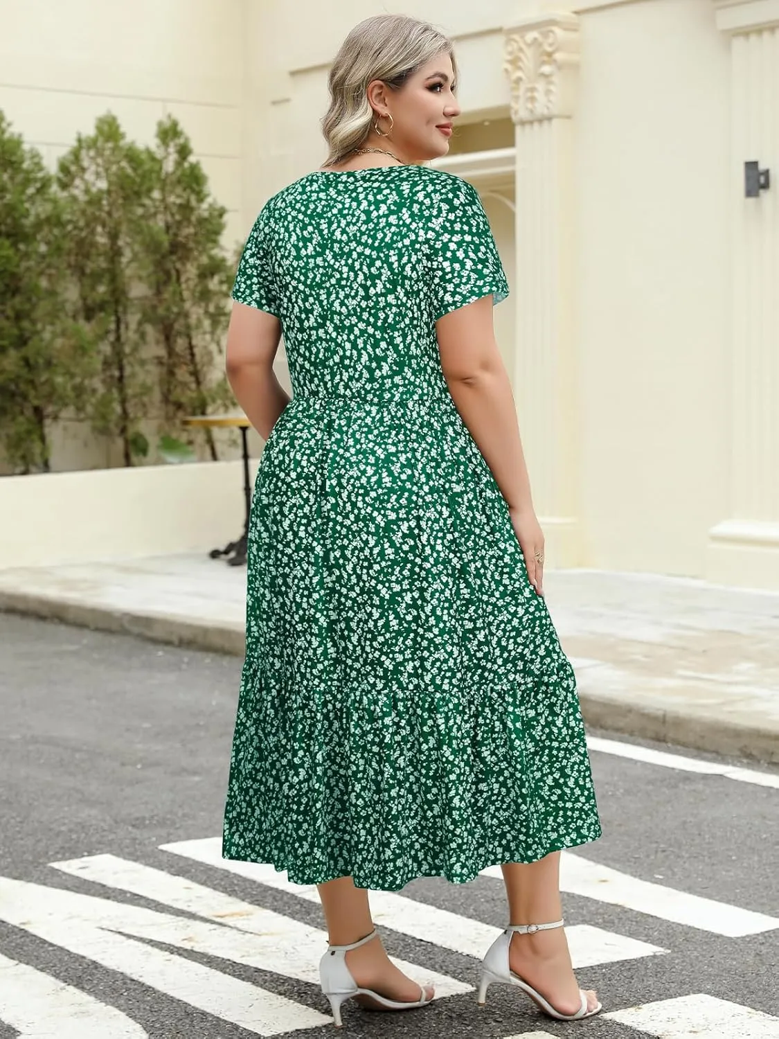 Women's Plus Size Midi Casual Dress with Pockets 1X-4X Tiered Short Sleeve Relax Fit Crewneck Summer Dresses