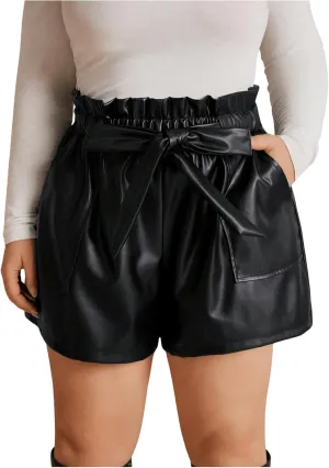 Women's Plus Size PU Leather Shorts Bow Tie Knot Elastic High Waisted Loose Shorts with Pockets