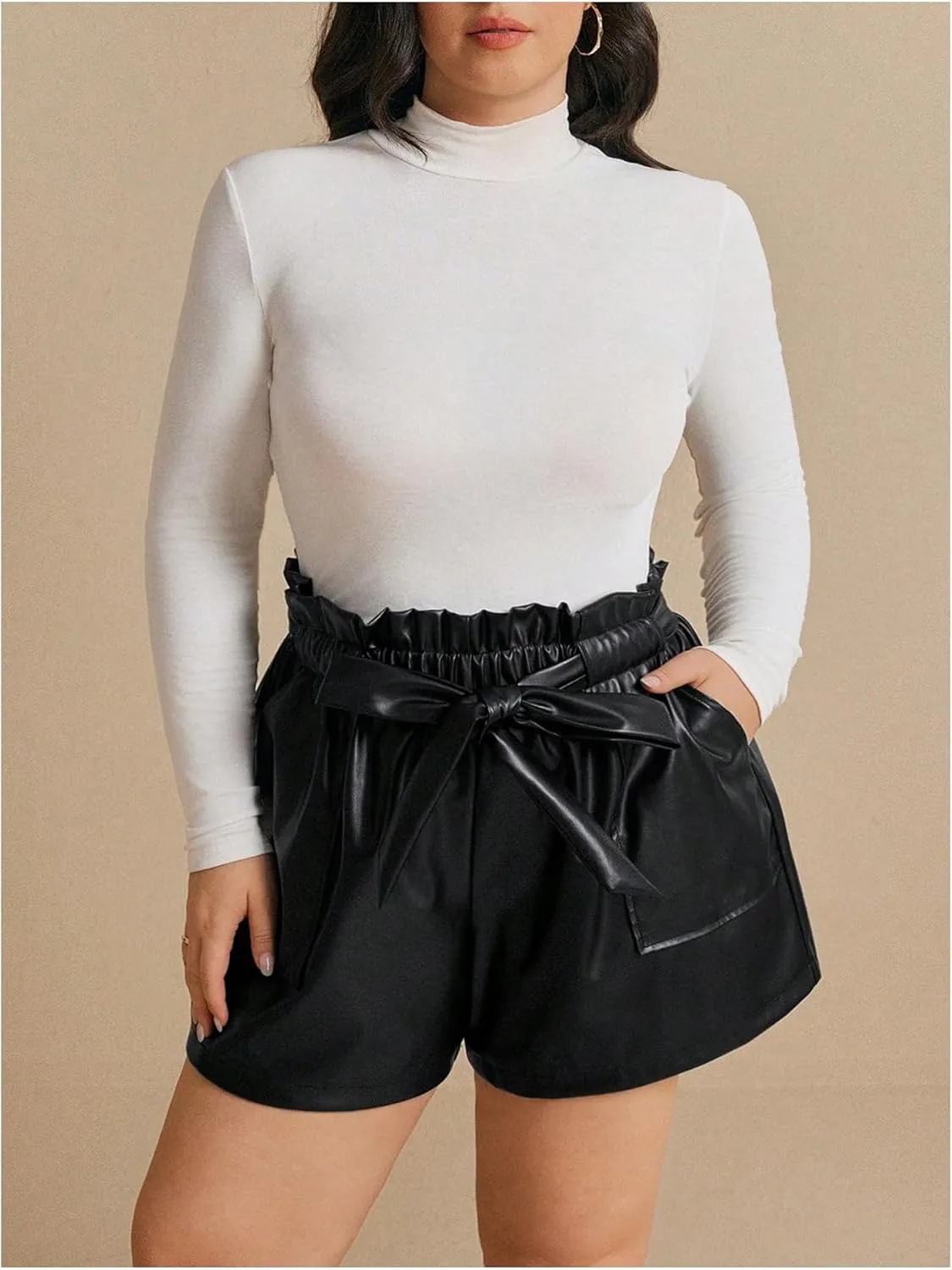 Women's Plus Size PU Leather Shorts Bow Tie Knot Elastic High Waisted Loose Shorts with Pockets