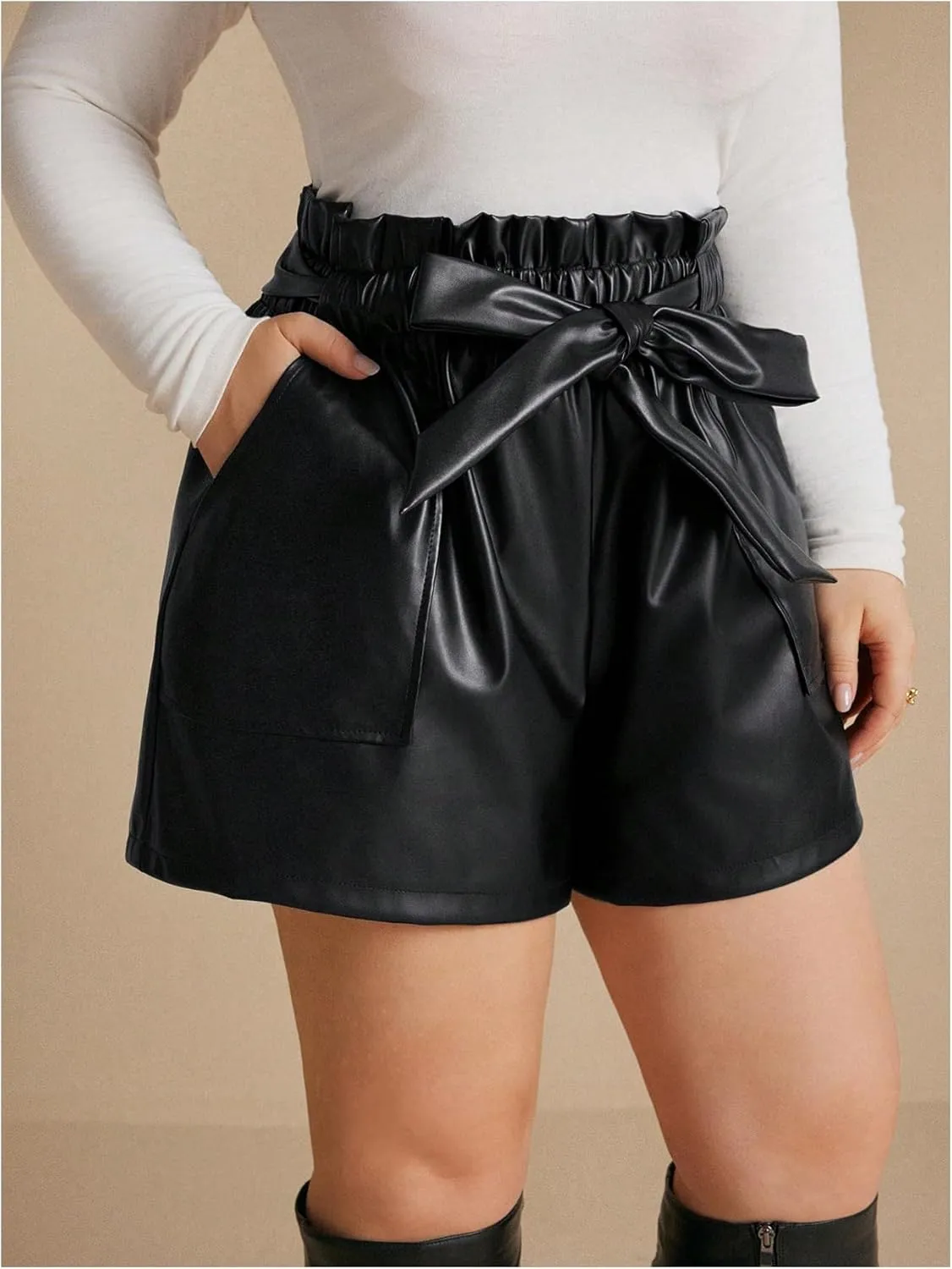 Women's Plus Size PU Leather Shorts Bow Tie Knot Elastic High Waisted Loose Shorts with Pockets
