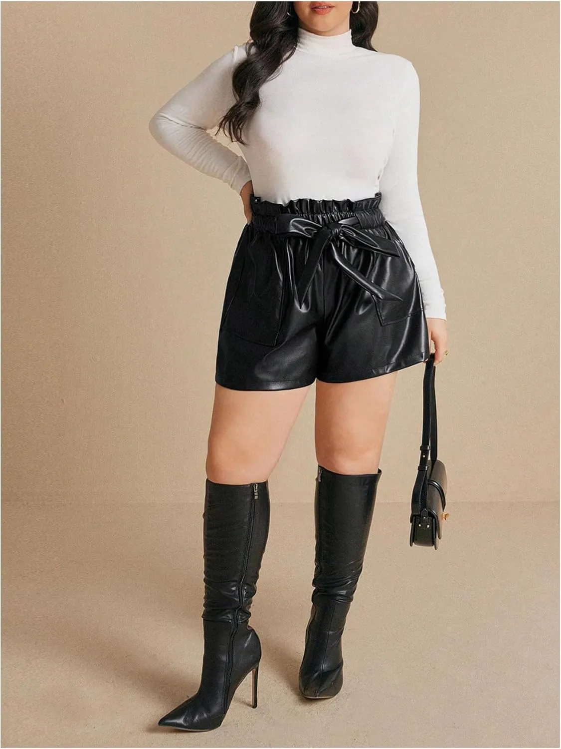 Women's Plus Size PU Leather Shorts Bow Tie Knot Elastic High Waisted Loose Shorts with Pockets