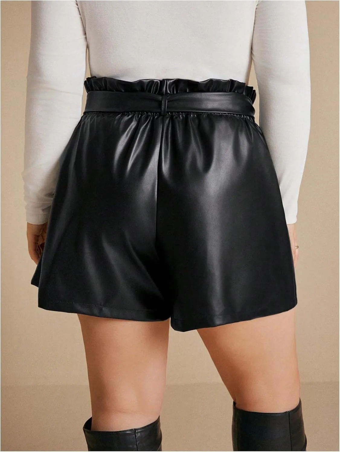 Women's Plus Size PU Leather Shorts Bow Tie Knot Elastic High Waisted Loose Shorts with Pockets